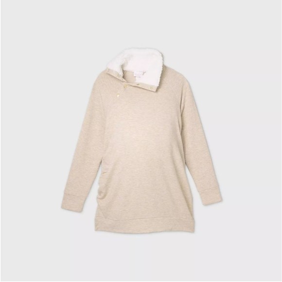 Isabel Maternity Snap Sherpa Collar Sweatshirt Oatmeal X-Small sherpa top 1222 - Picture 2 of 6
